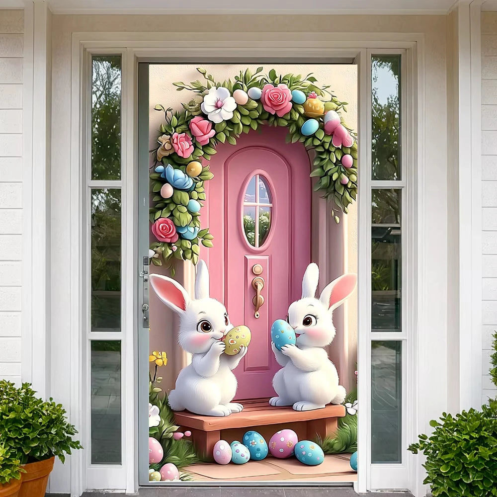 Easter Door Cover Pink Bunny Wreath - Easter Decoration Banner