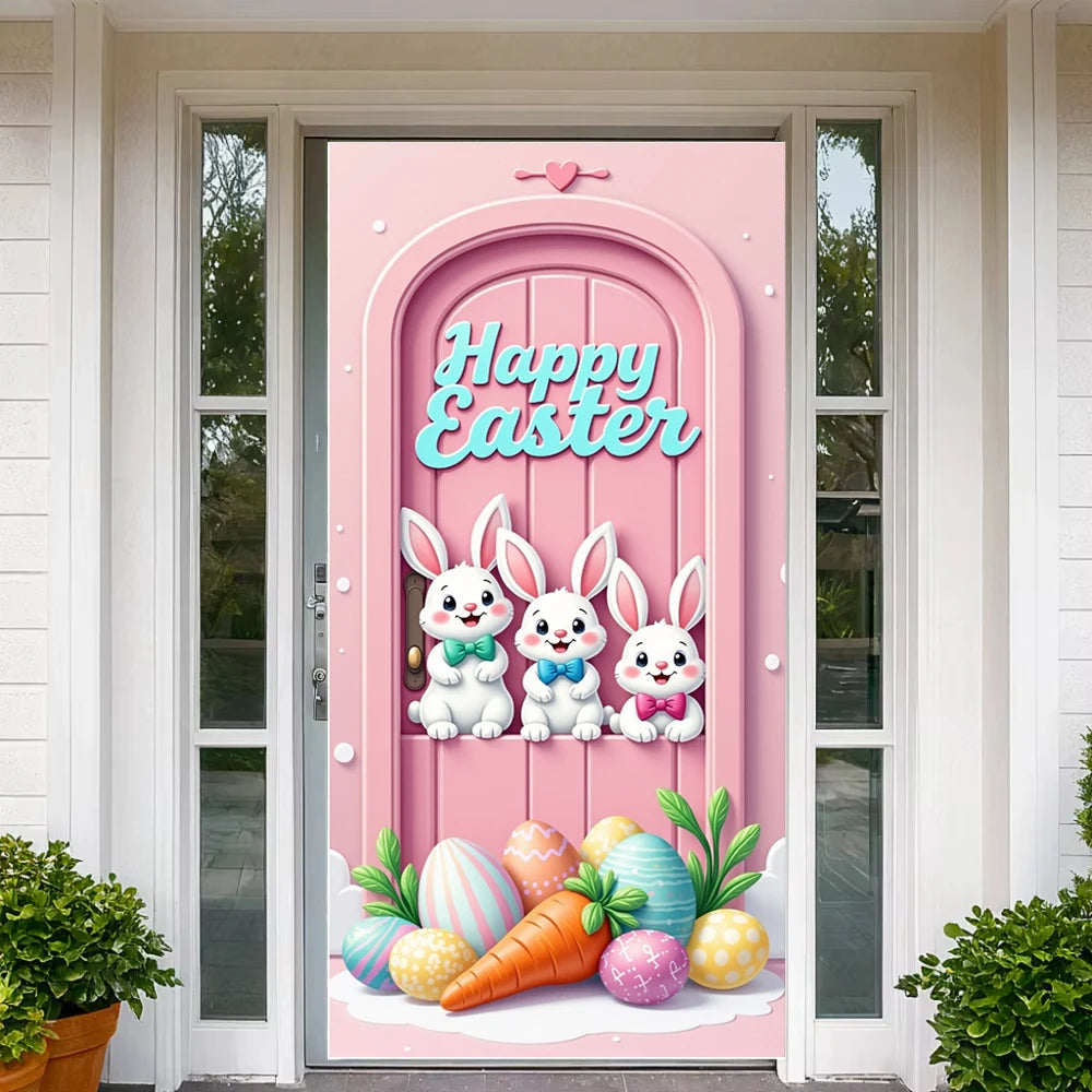 Easter Door Cover Pink Bunny Wreath - Easter Decoration Banner