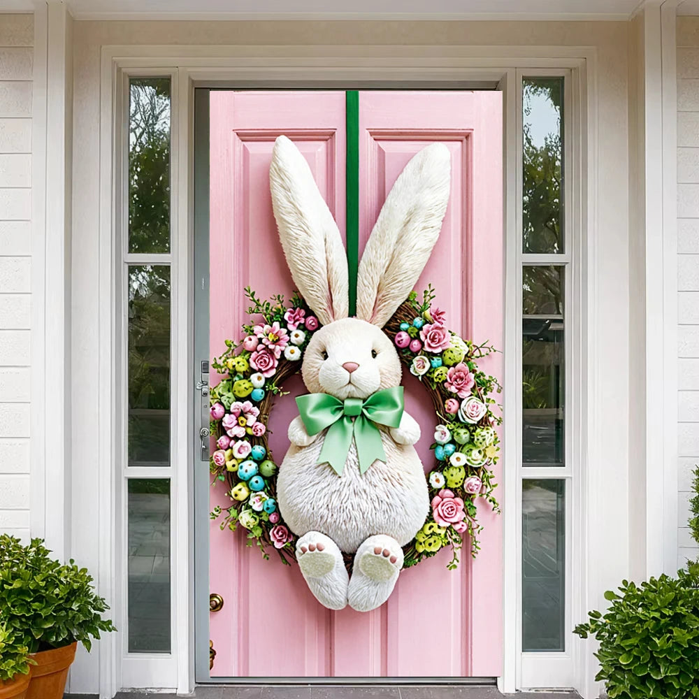 Easter Door Cover Pink Bunny Wreath - Easter Decoration Banner