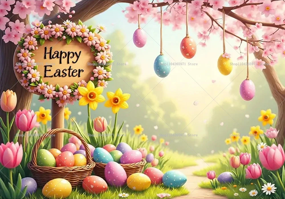 Easter Bunny Backdrop Banner - Kids Party Photo Props 1pc