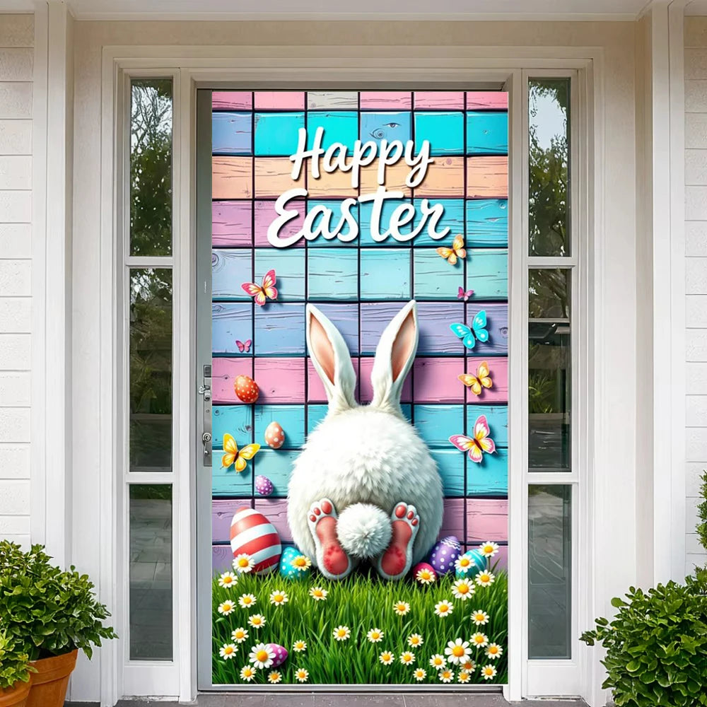 Easter Door Cover Pink Bunny Wreath - Easter Decoration Banner