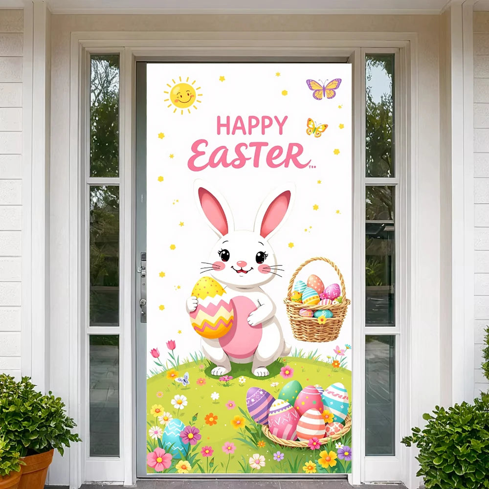 Easter Door Cover Pink Bunny Wreath - Easter Decoration Banner