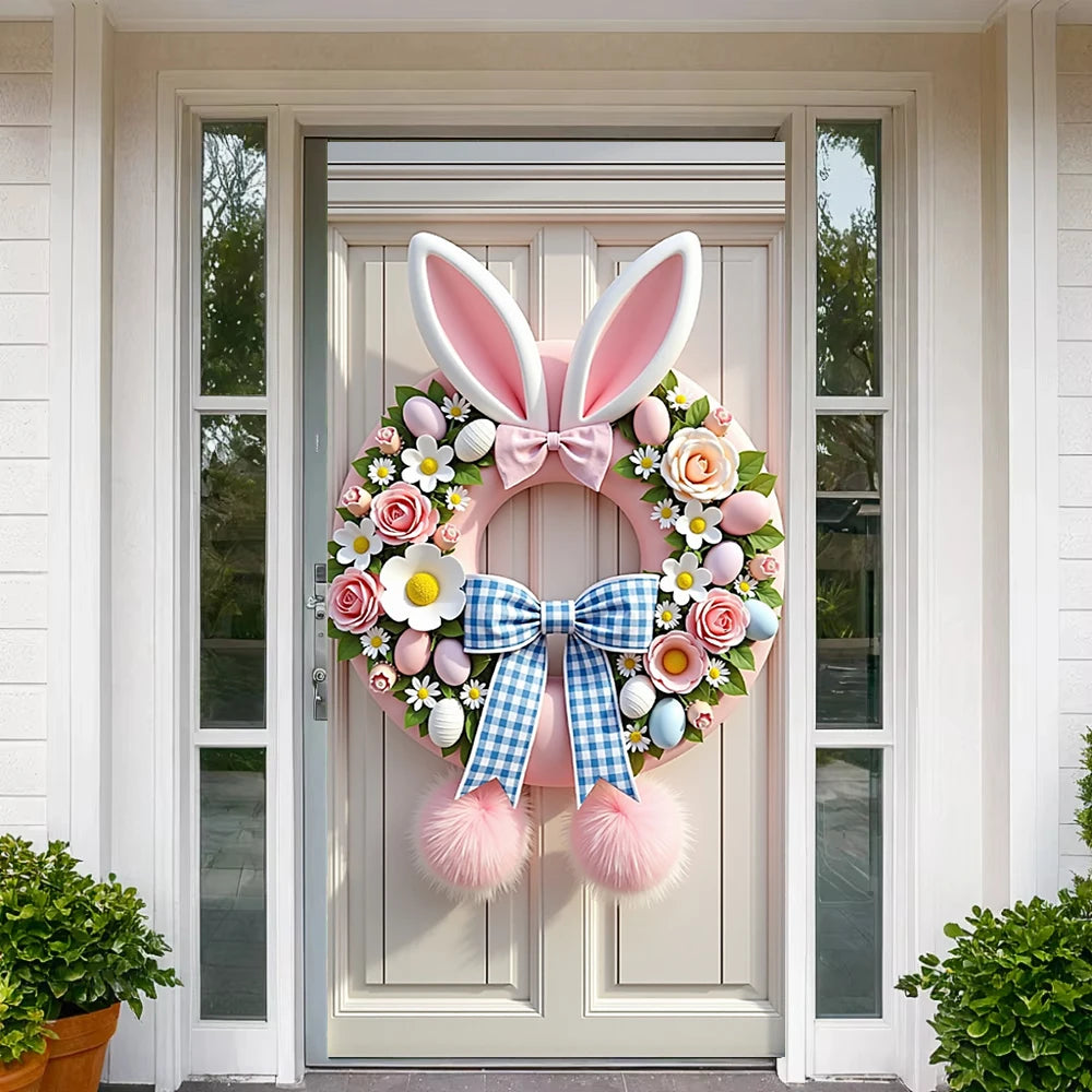 Easter Door Cover Pink Bunny Wreath - Easter Decoration Banner