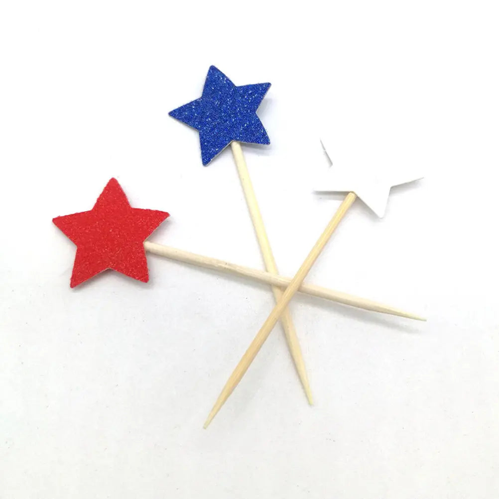 Star Cupcake Toppers - Red White Blue Glitter Picks