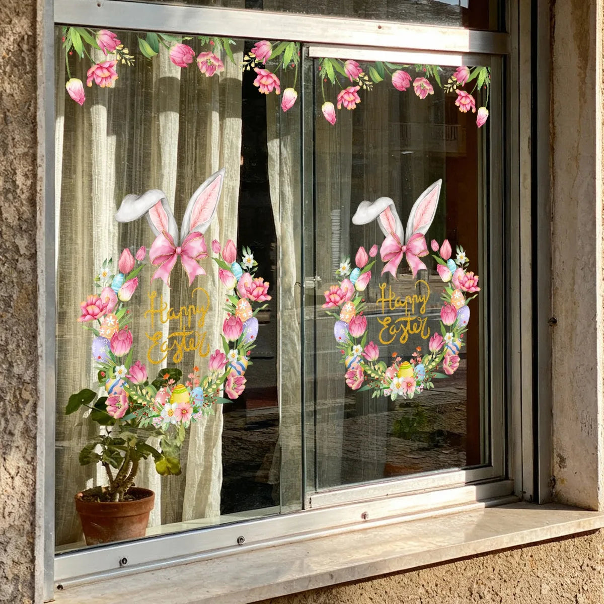Easter Bunny Wreath Window Sticker - Easter Party Decor