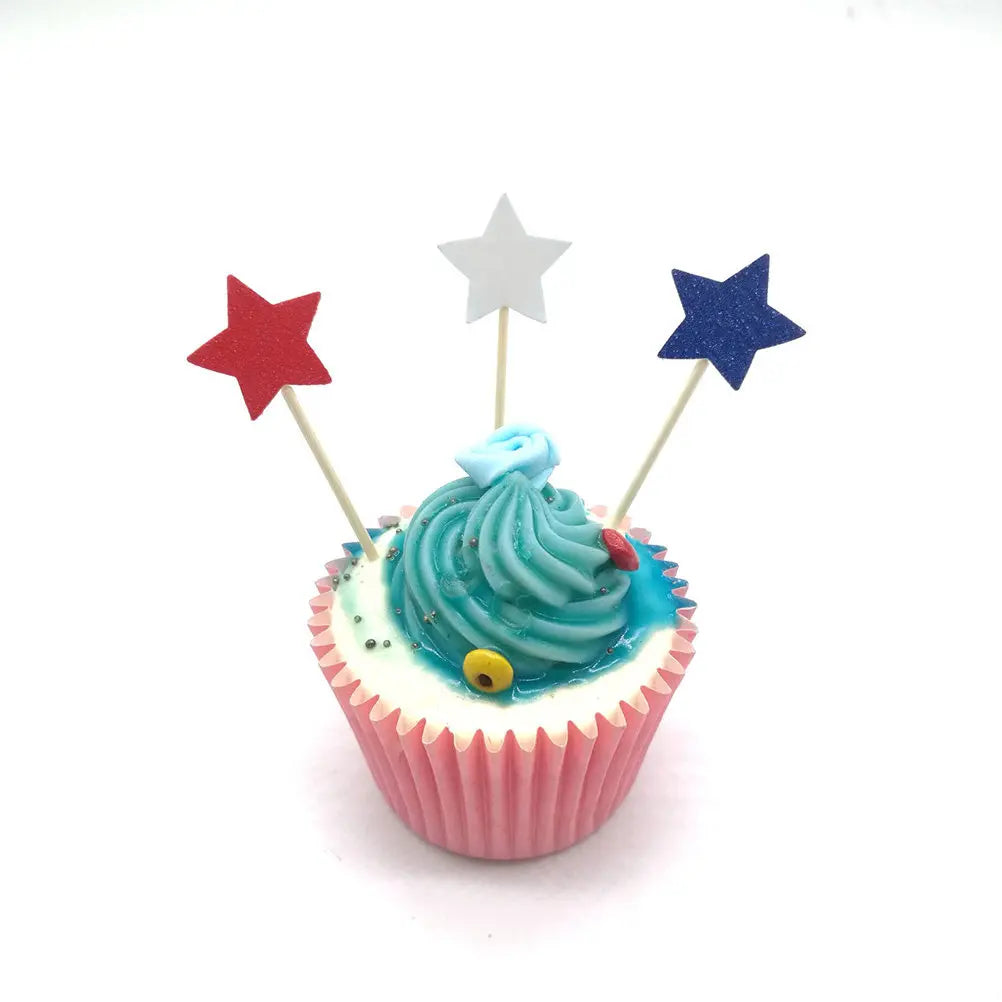 Star Cupcake Toppers - Red White Blue Glitter Picks