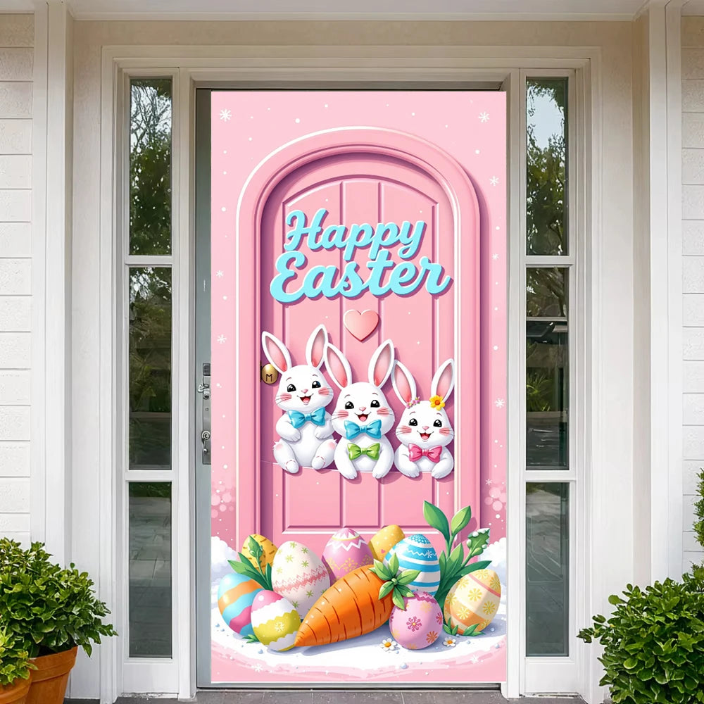 Easter Door Cover Pink Bunny Wreath - Easter Decoration Banner