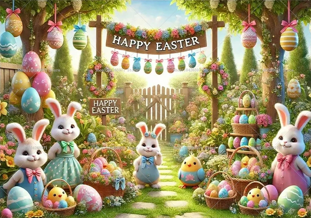 Easter Bunny Backdrop Banner - Kids Party Photo Props 1pc