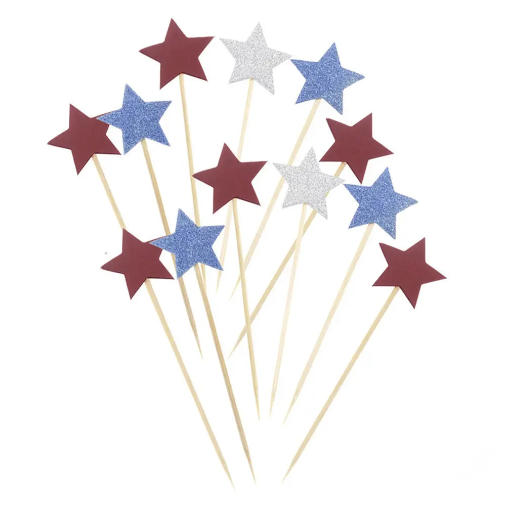 Star Cupcake Toppers - Red White Blue Glitter Picks