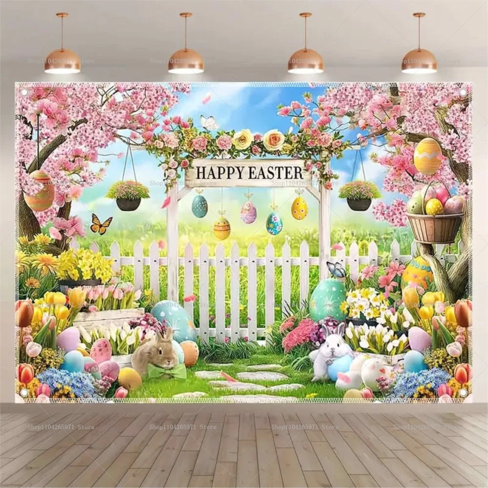 Easter Bunny Backdrop Banner - Kids Party Photo Props 1pc