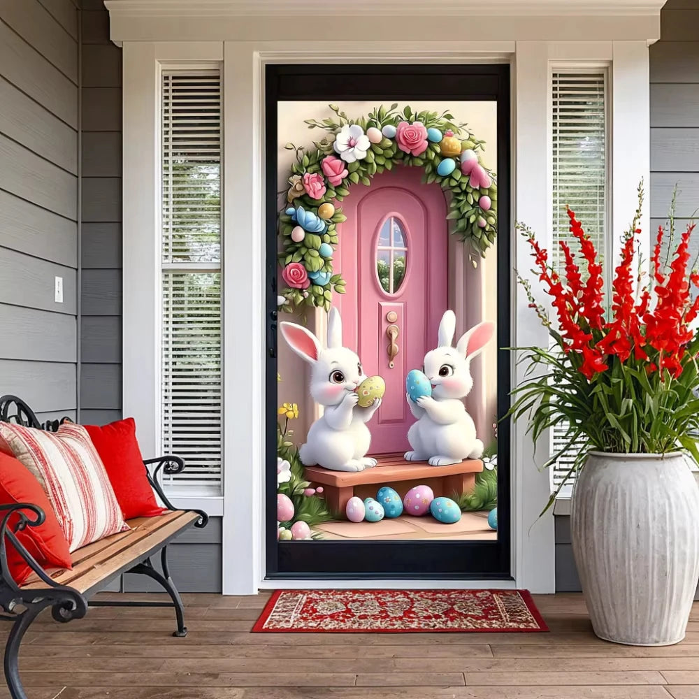Easter Door Cover Pink Bunny Wreath - Easter Decoration Banner