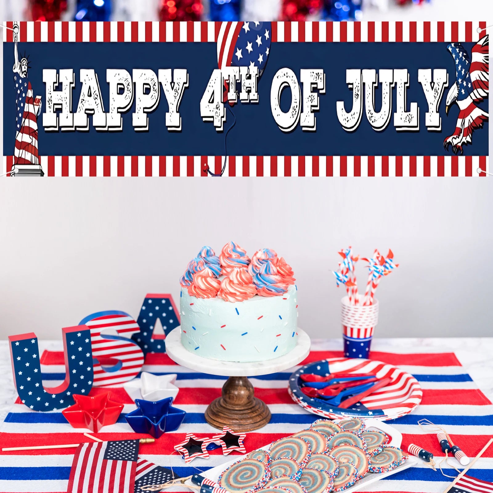 4th July Banner - American Independence Day Red White Blue Flag