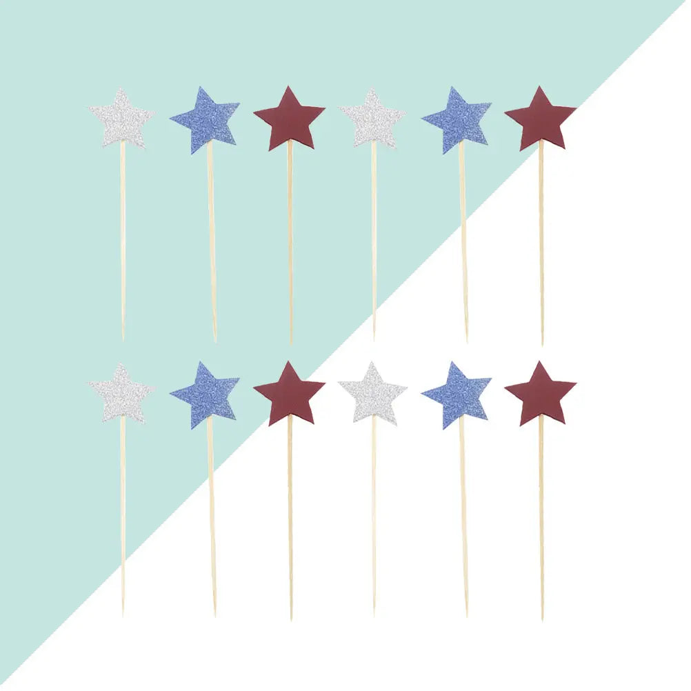 Star Cupcake Toppers - Red White Blue Glitter Picks