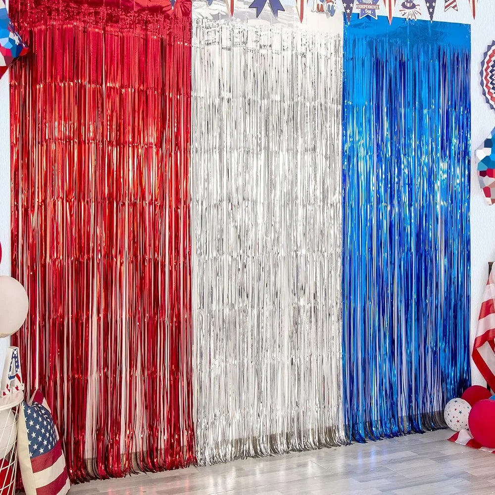 4th July Tinsel Backdrop - Red Silvery Blue Party Decor