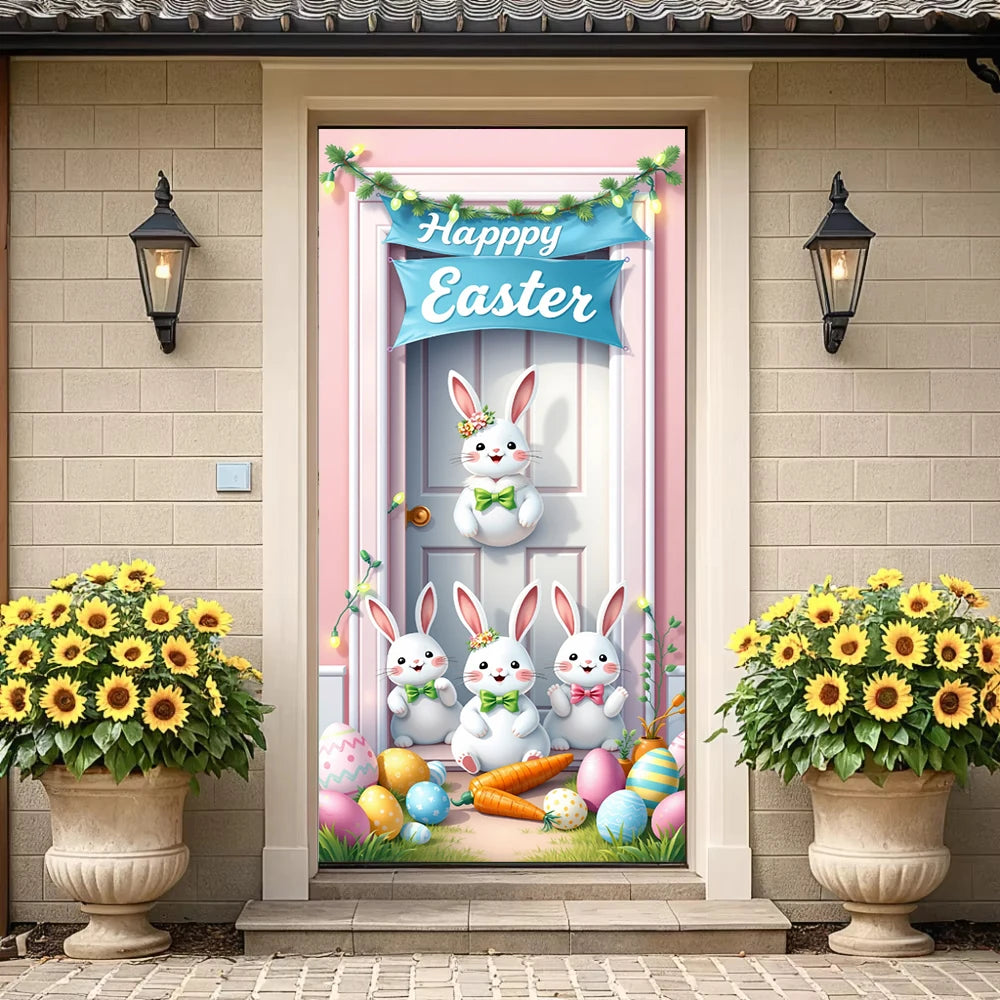 Easter Door Cover Pink Bunny Wreath - Easter Decoration Banner