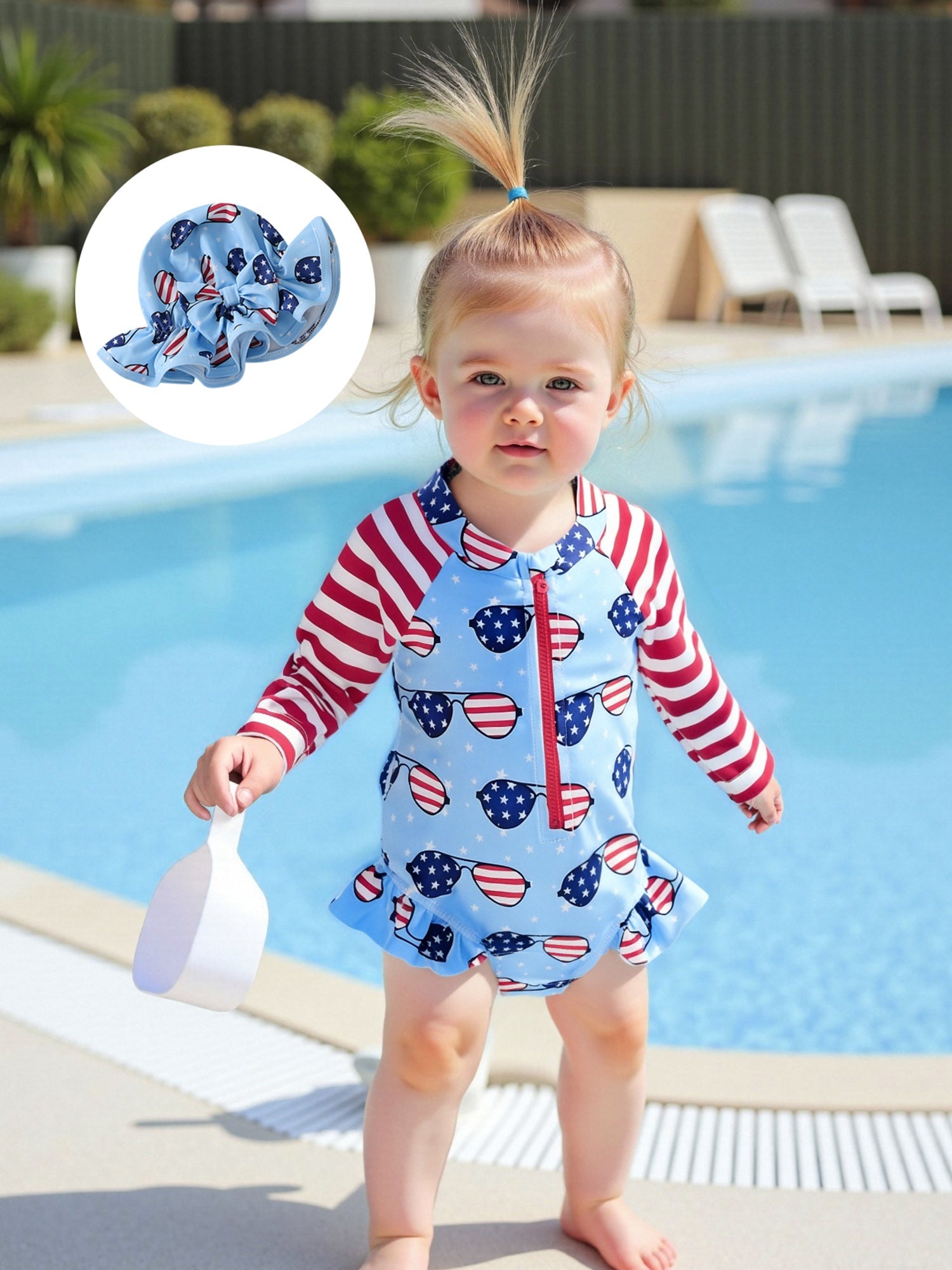 Toddler Girls Zip Up Ruffled Rash Guard & Hat 2pcs Swimsuit Set