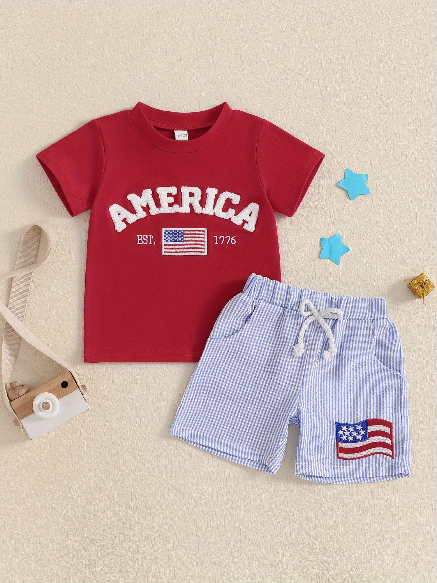 Toddler Boy Letter Embroidery Tee & Stripe Shorts Outdoor Set