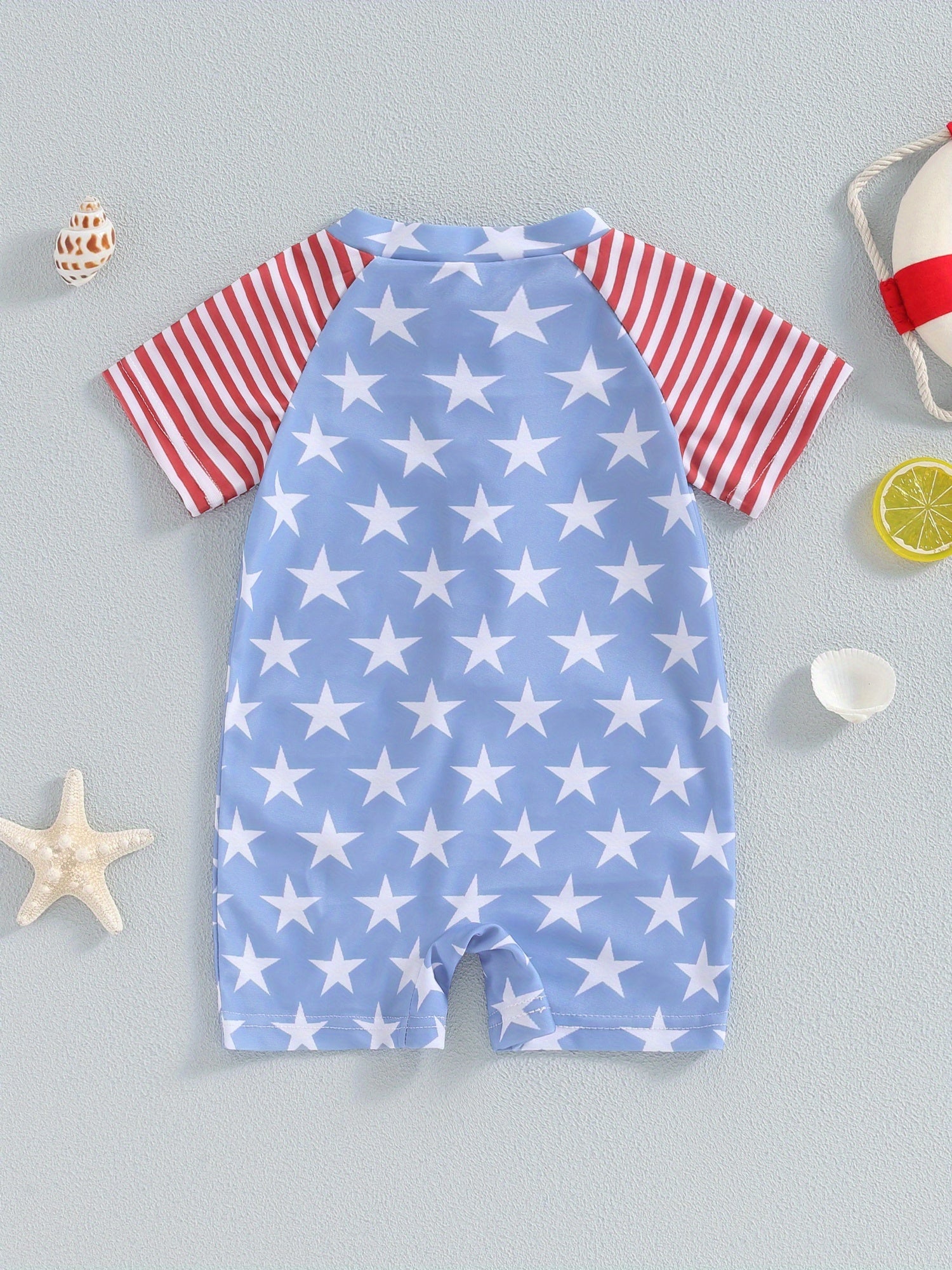 Boys Star & Stripe Zipper Rash Guard Swimsuit - Short Sleeve