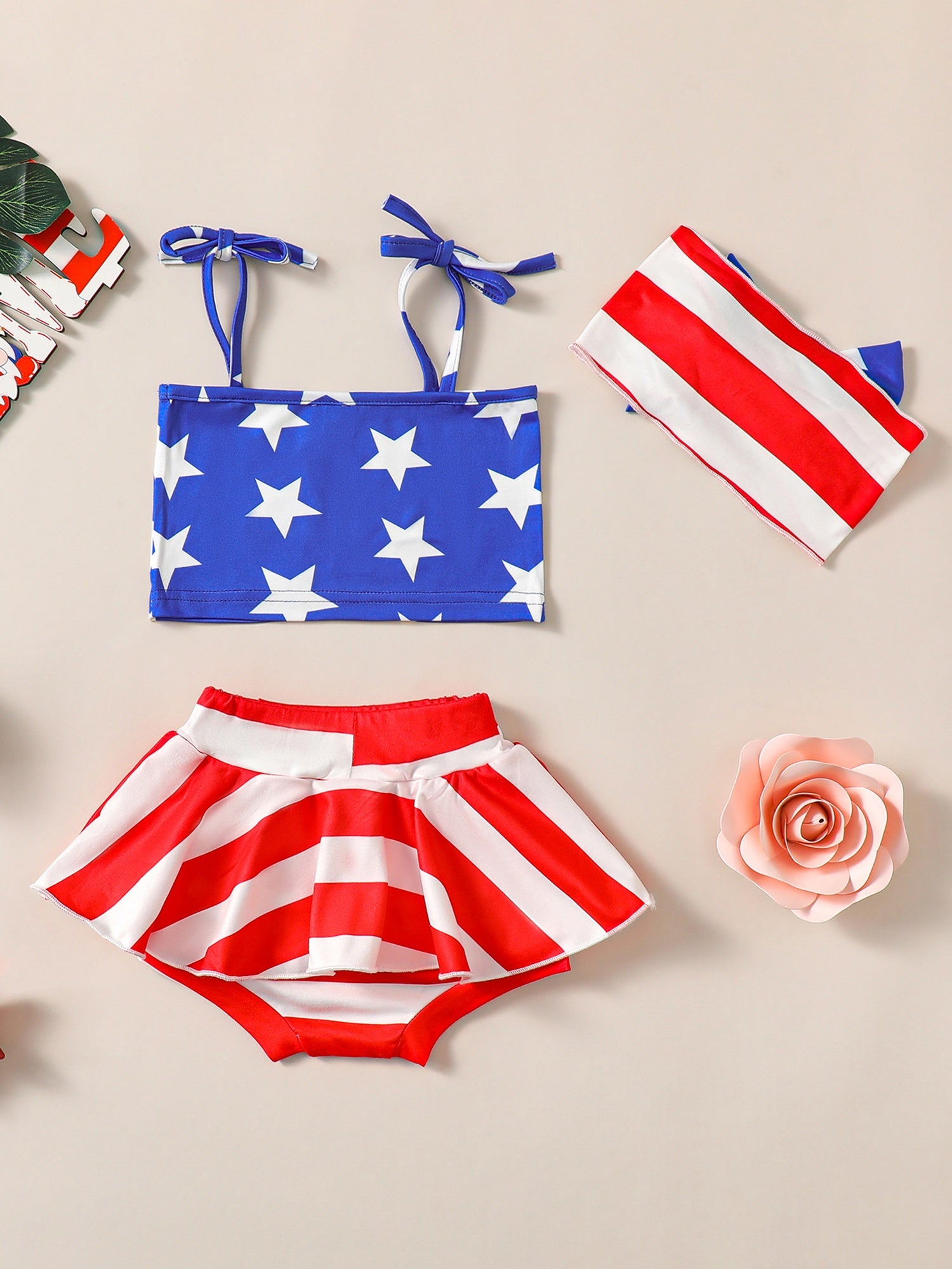 Girls 3pcs Floral Tie Strap Top Skirt Shorts & Headband Set