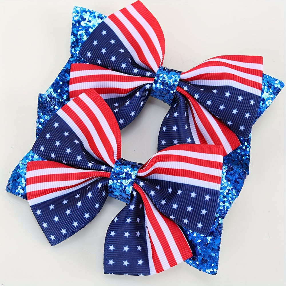 Patriotic Glitter Flag Hair Bow Clips - 2pcs Red White Blue Set