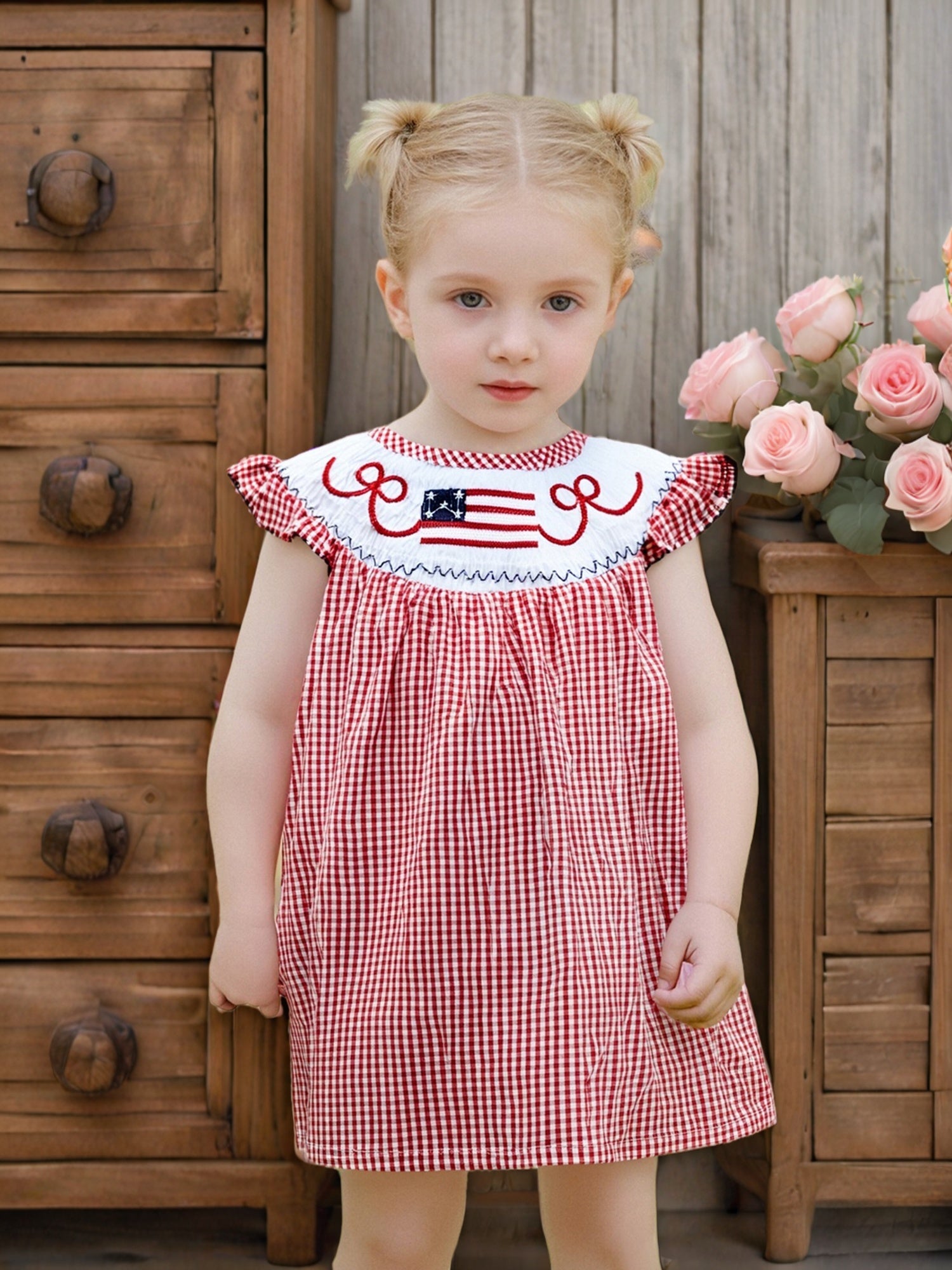 Toddler Girls Red Gingham American Flag Embroidery Ruffle A-Line Dress