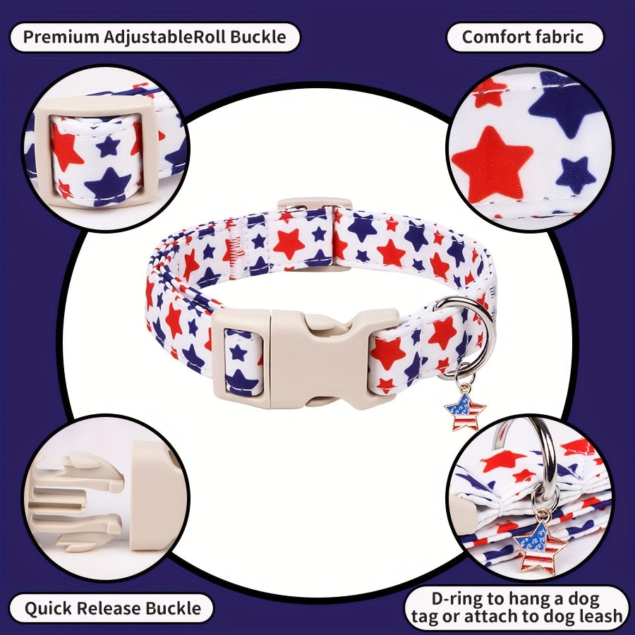 Patriotic Star Pattern Dog Collar - Adjustable Quick Release Buckle