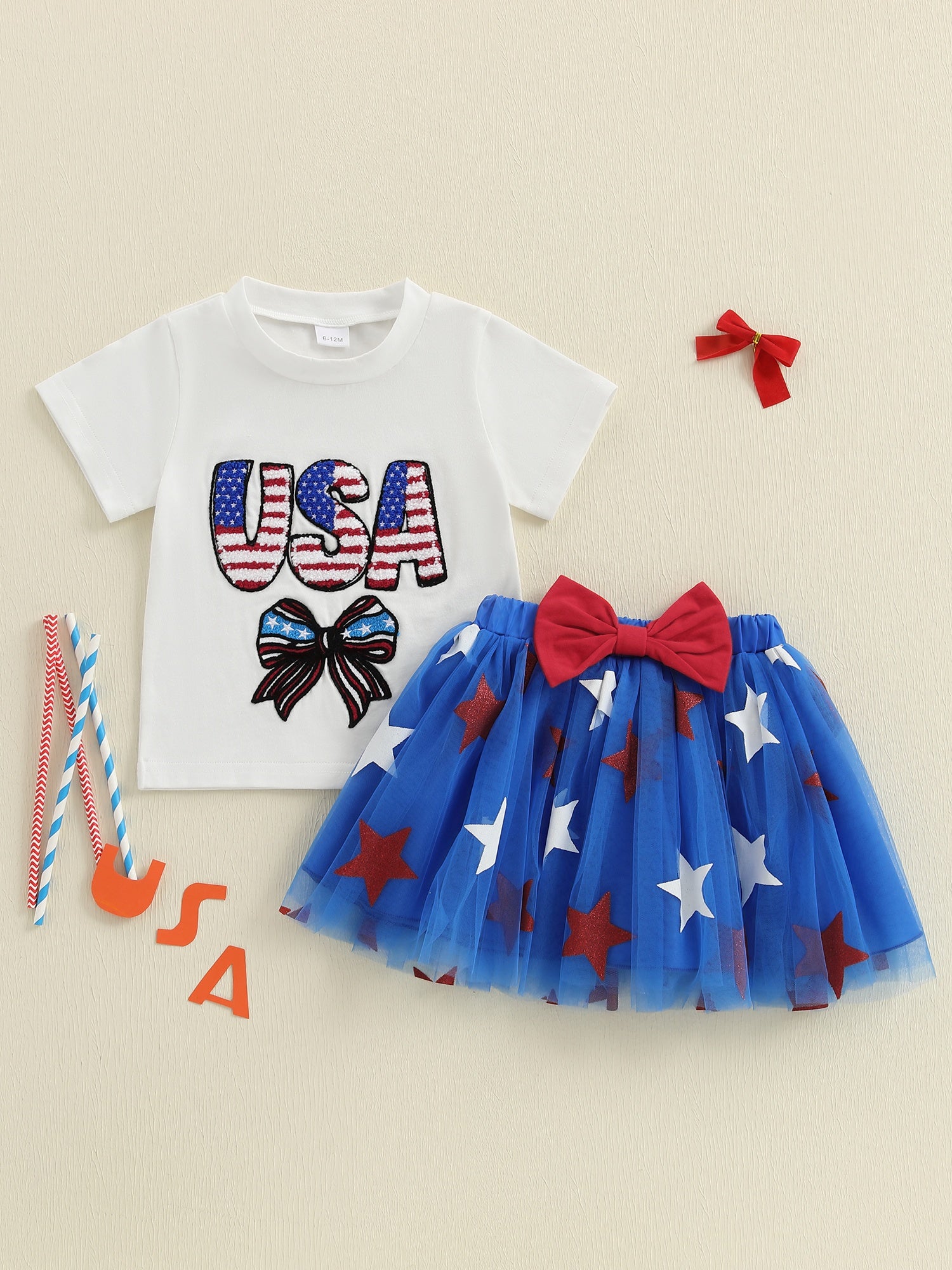 Toddler Girl Patriotic Tee - Embroidery Bow Summer Set