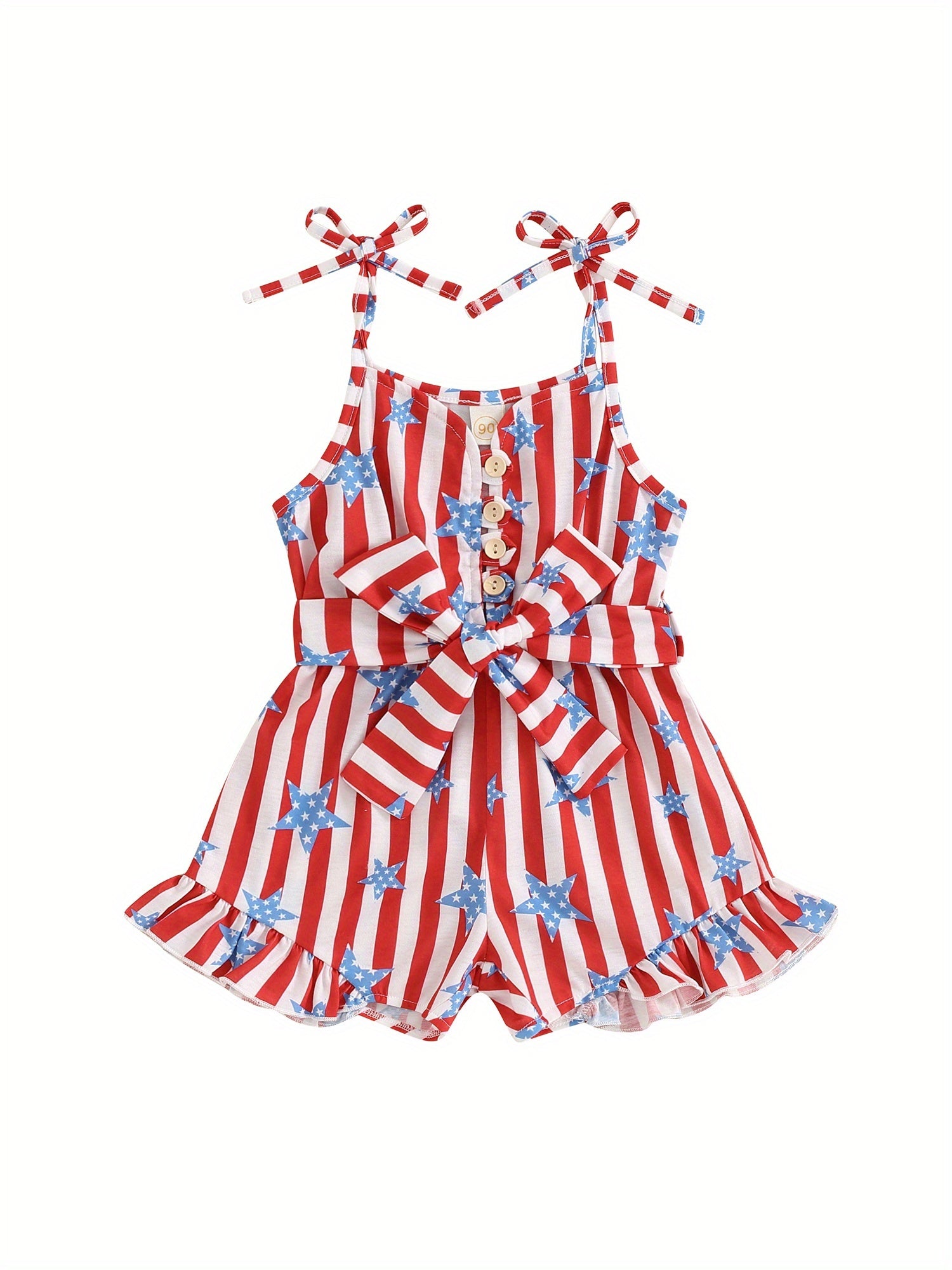 Baby Girl Cartoon Tie Strap Button Jumpsuit Playsuit with Belt