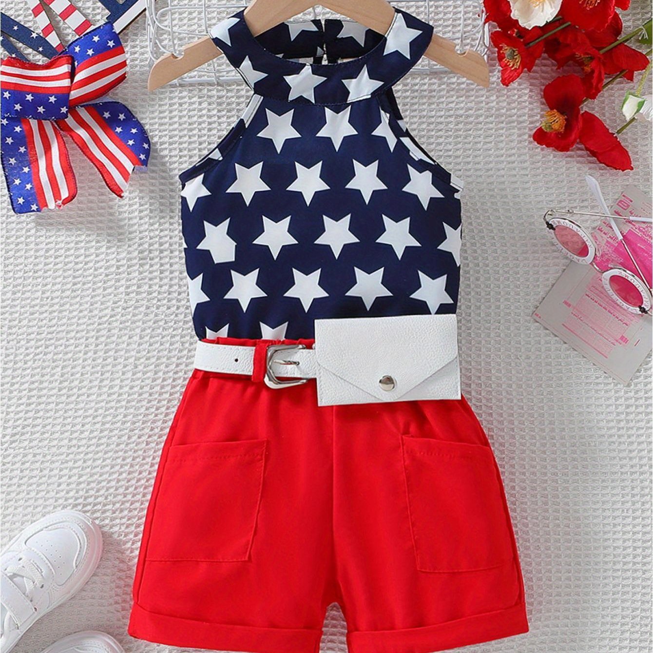 Patriotic Baby Girl Tank & Shorts - Star Print Red White Blue