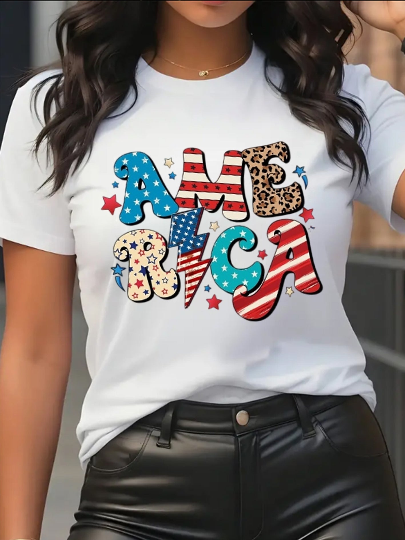 Women's America Graphic Patriotic T-Shirt - 100% Cotton Crew Neck