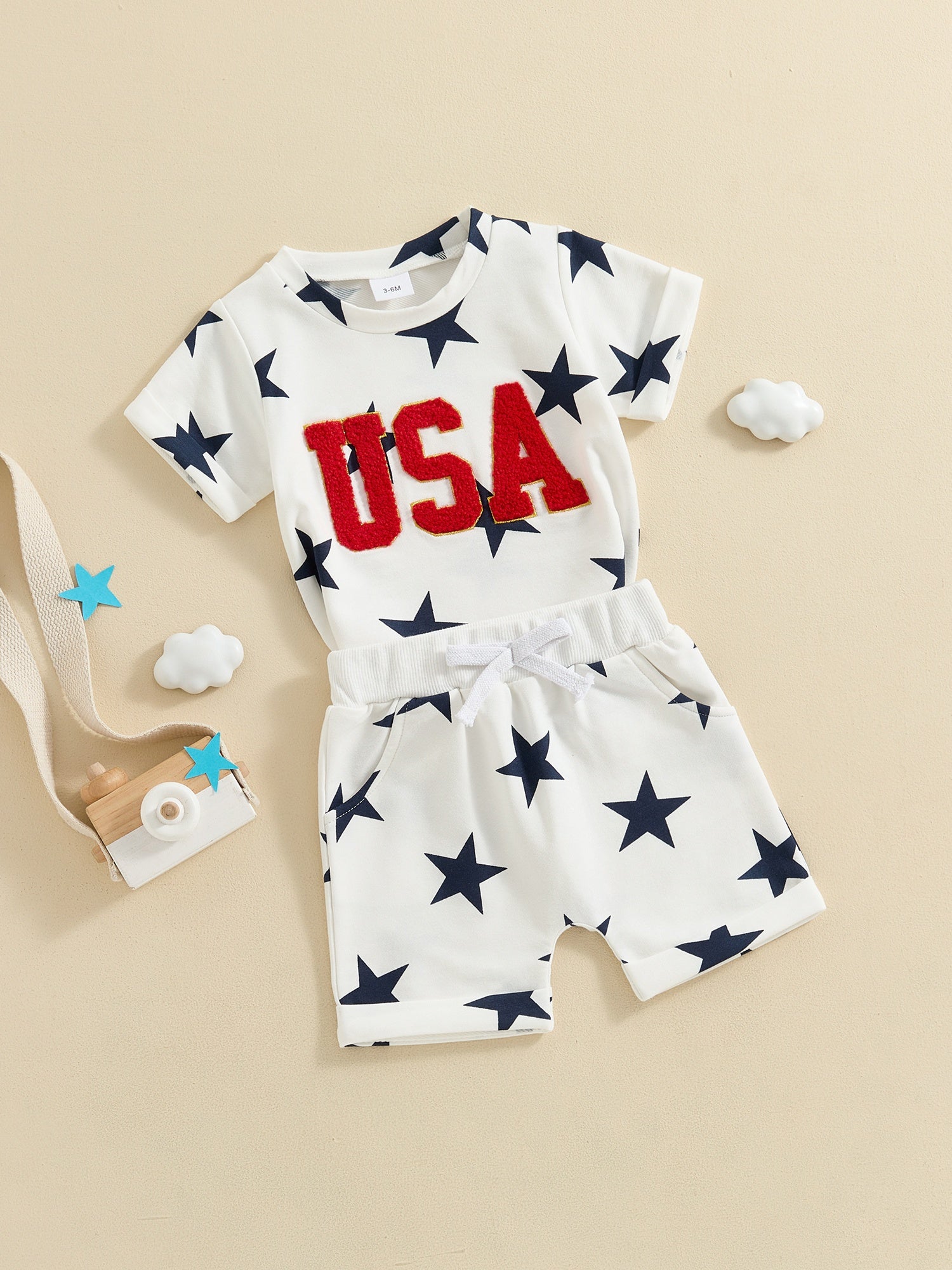 Baby Boys Embroidery Letter Tee & Stars Print Shorts Summer Set