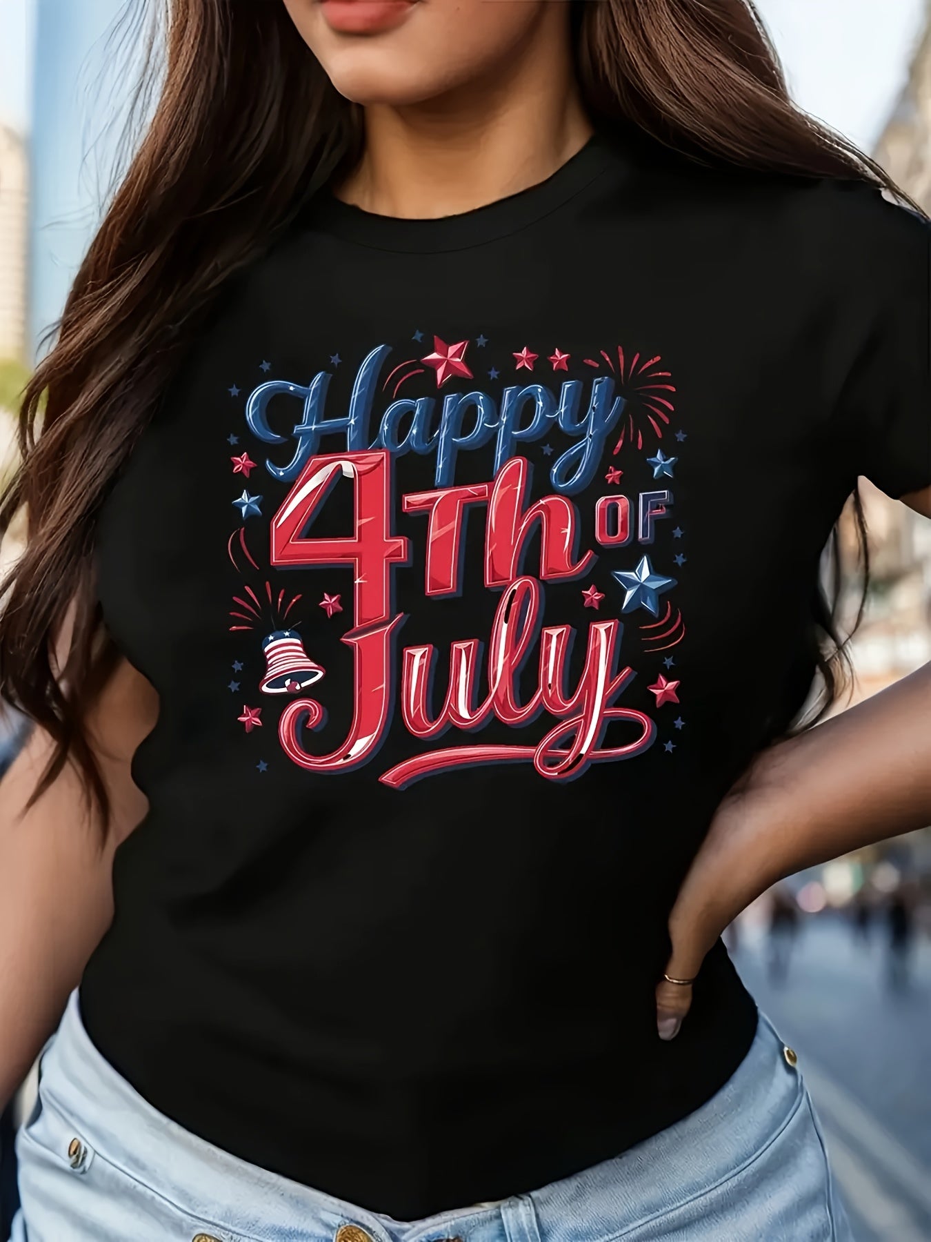 Women's Fireworks & Stars Print Patriotic Crew Neck T-Shirt