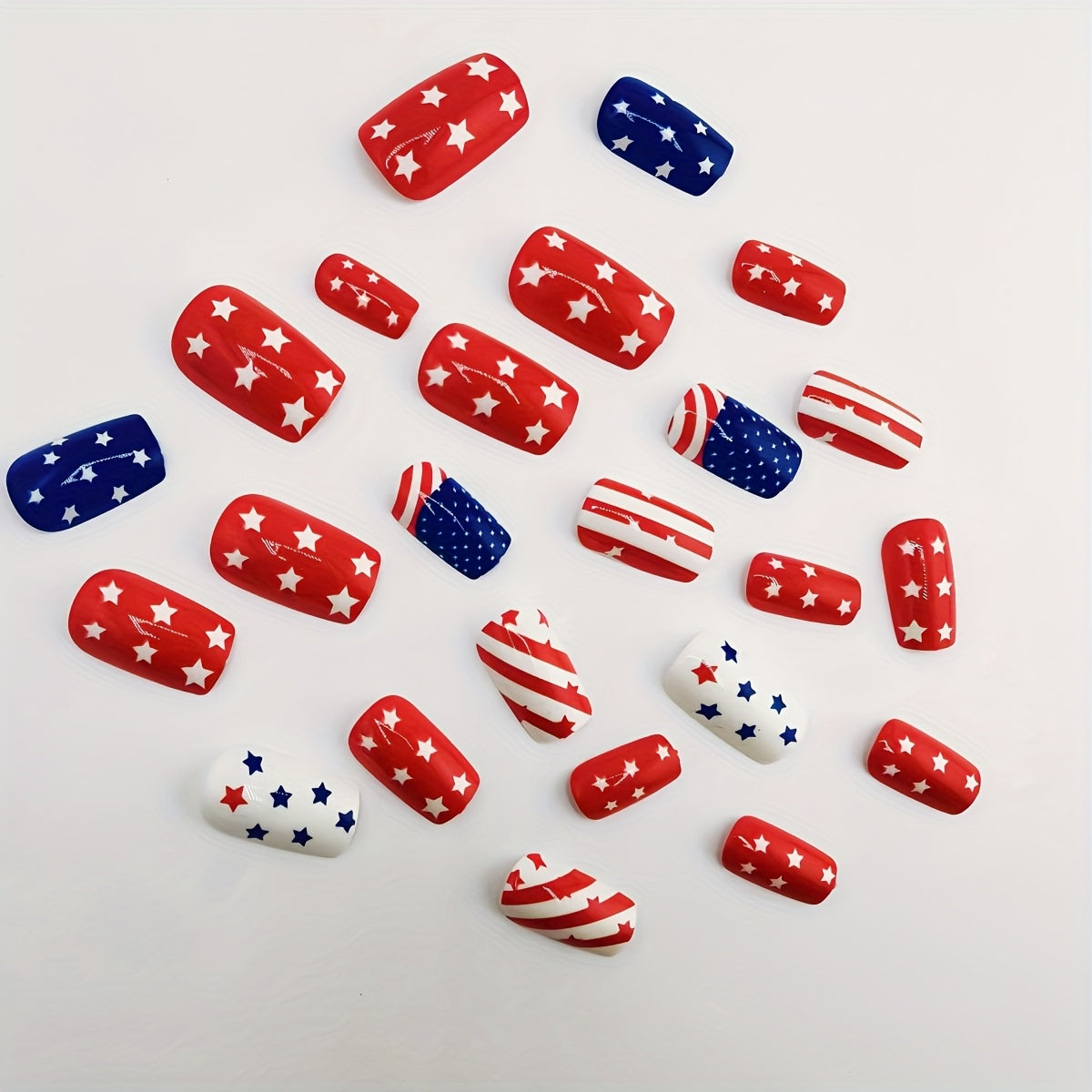 24pcs Patriotic Red White Blue Star Press-On Nails - Square Glossy