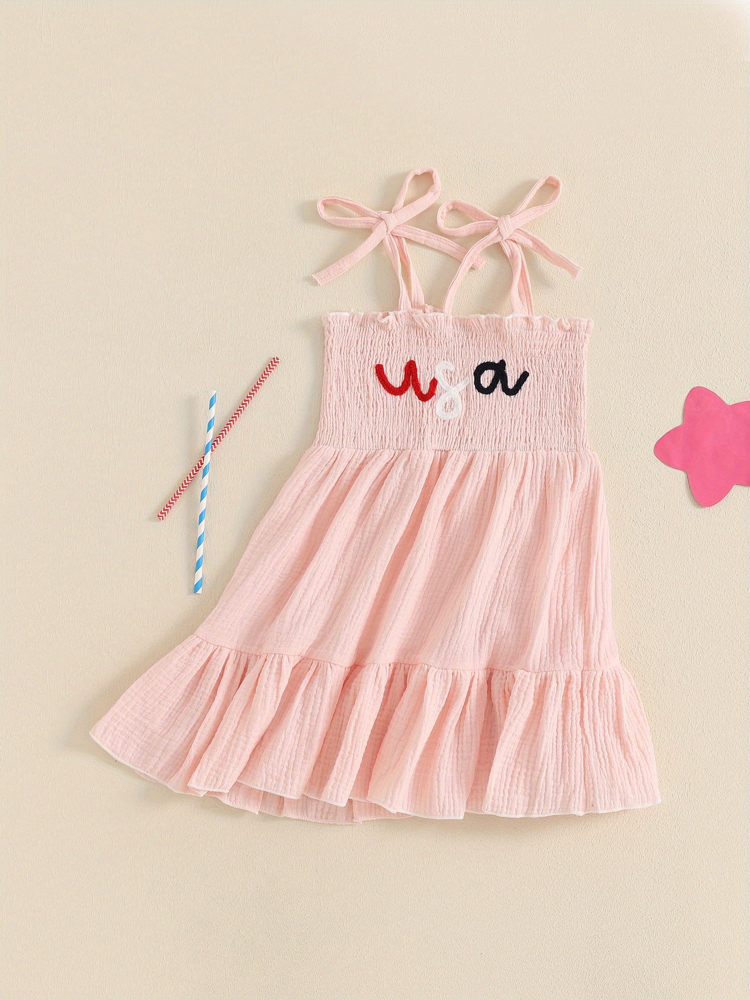 Girls Smocked A-Line Dress - Tie Shoulder Letter Embroidery