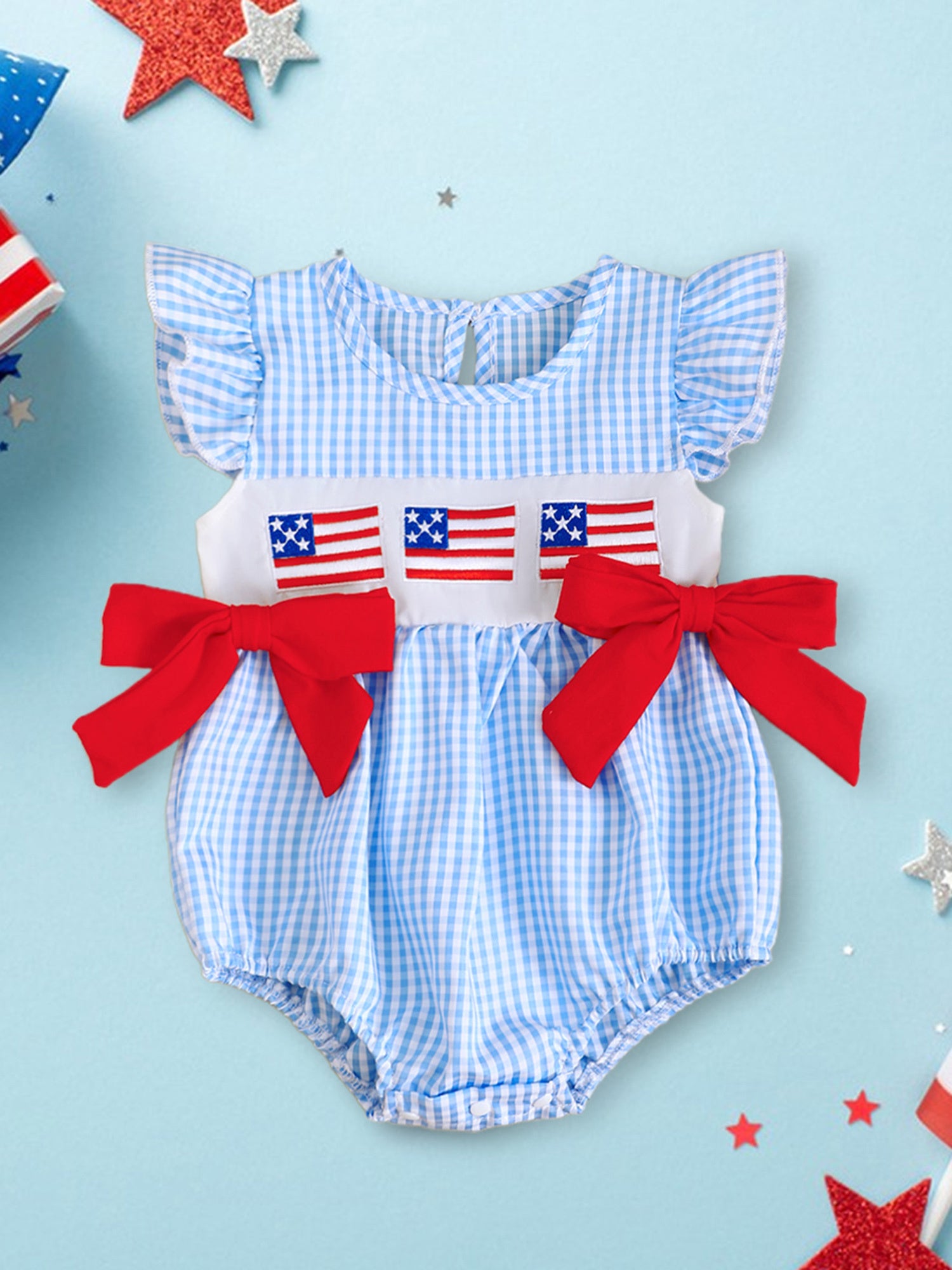 Patriotic Baby Romper - Plaid Ruffles Red White Blue