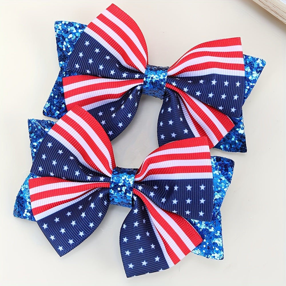 Patriotic Glitter Flag Hair Bow Clips - 2pcs Red White Blue Set