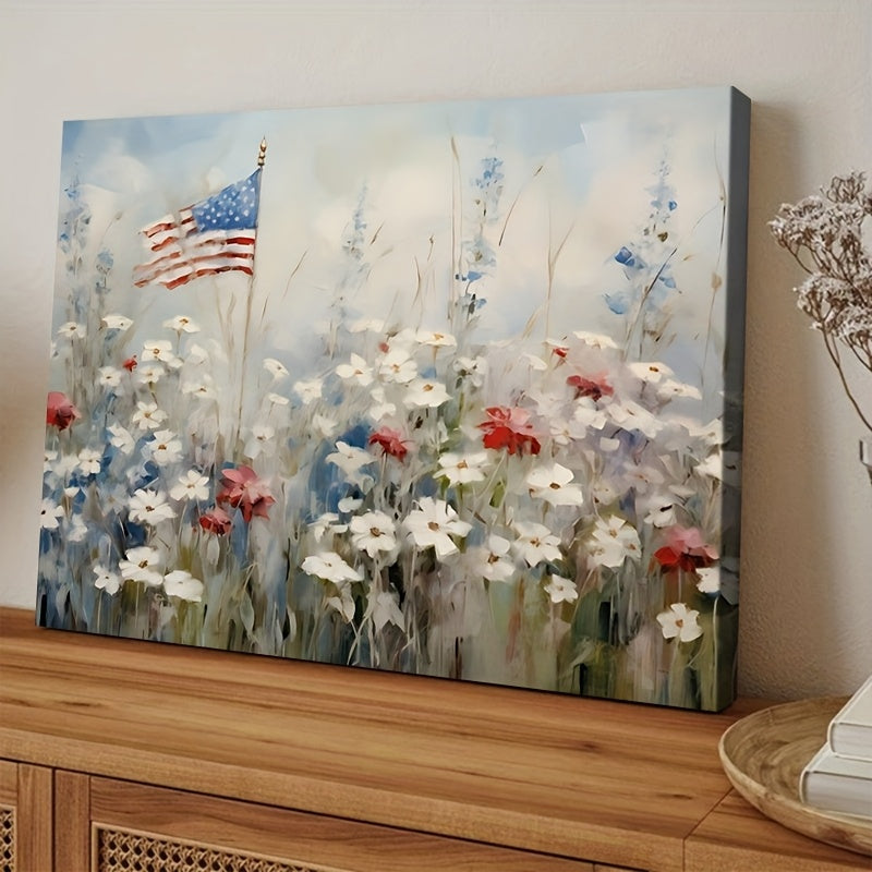 Patriotic American Flag Floral Canvas Framed Wall Art - Home Decor