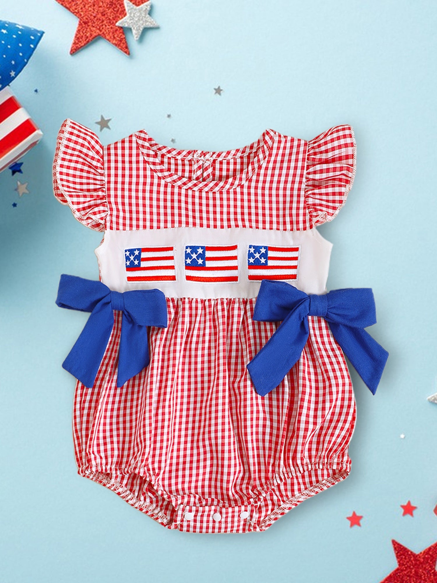 Patriotic Baby Romper - Plaid Ruffles Red White Blue