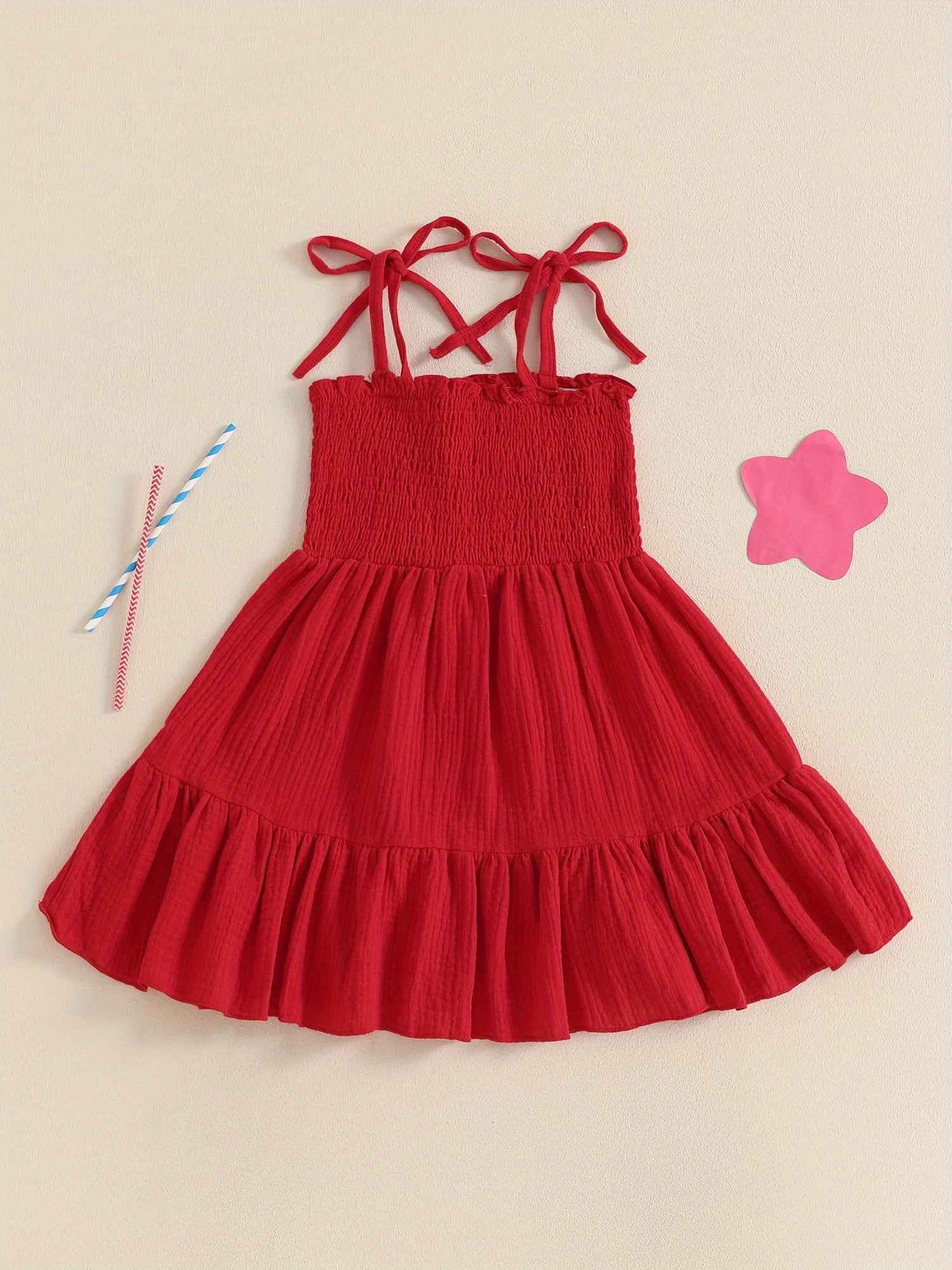 Girls Smocked A-Line Dress - Tie Shoulder Letter Embroidery