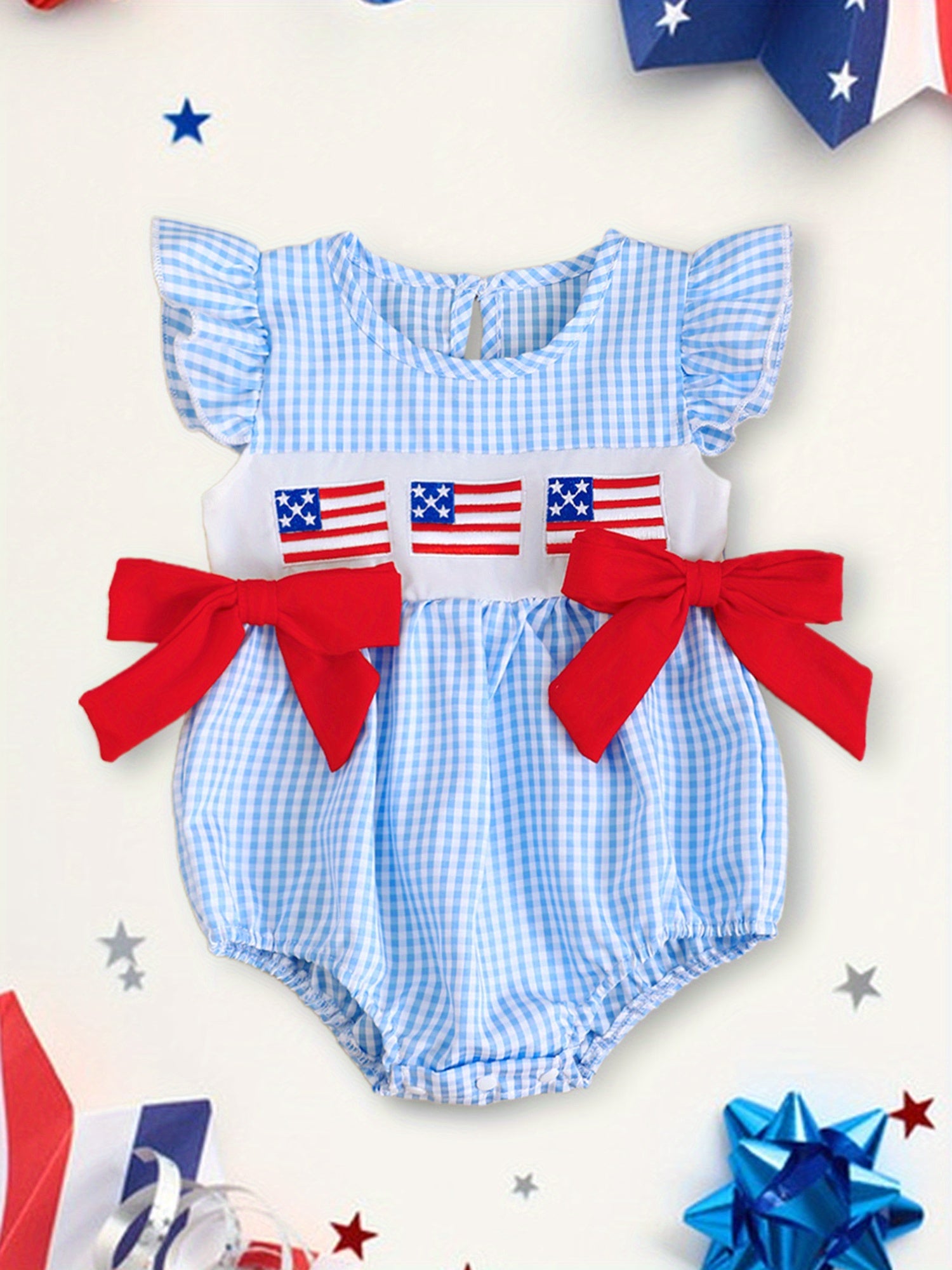 Patriotic Baby Romper - Plaid Ruffles Red White Blue