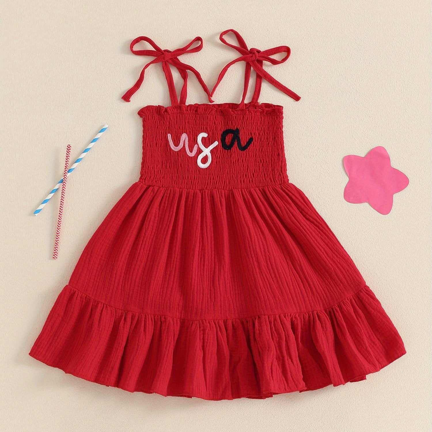 Girls Smocked A-Line Dress - Tie Shoulder Letter Embroidery