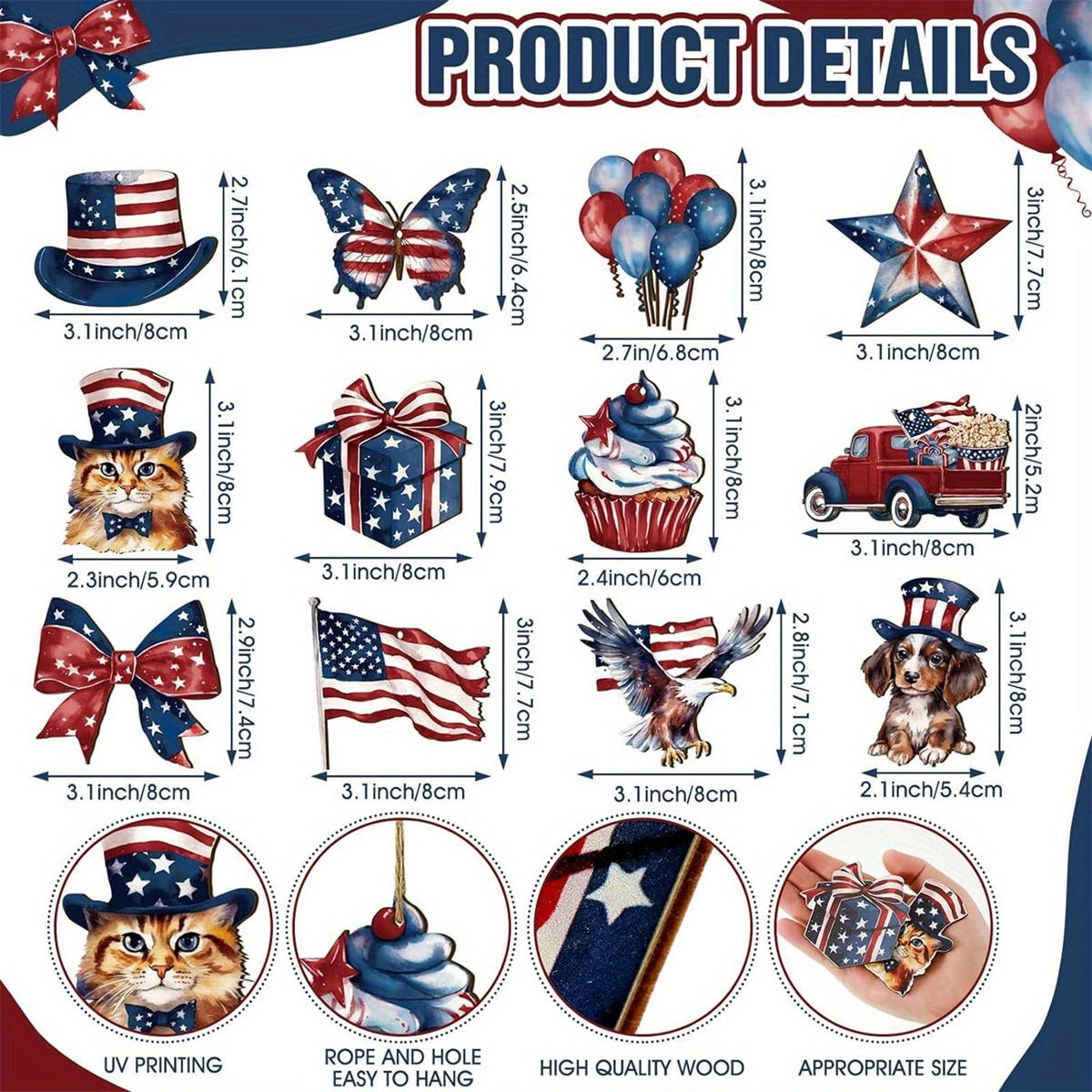 24pcs Patriotic Wooden Hanging Ornaments - Red White Blue USA Decor