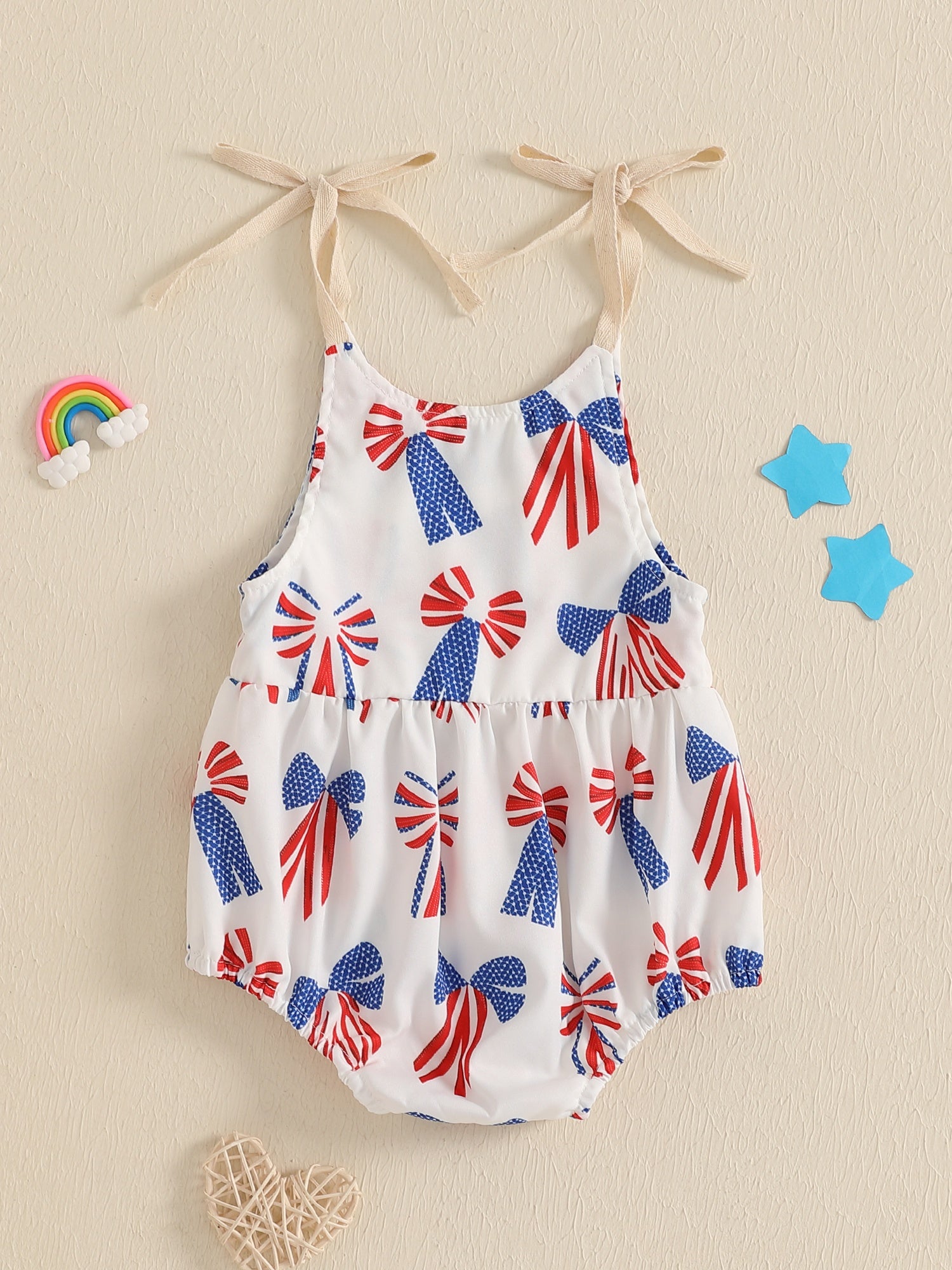 Patriotic 4th of July Baby Girl Stars & Stripes Tie Strap Bow Print Sleeveless Romper