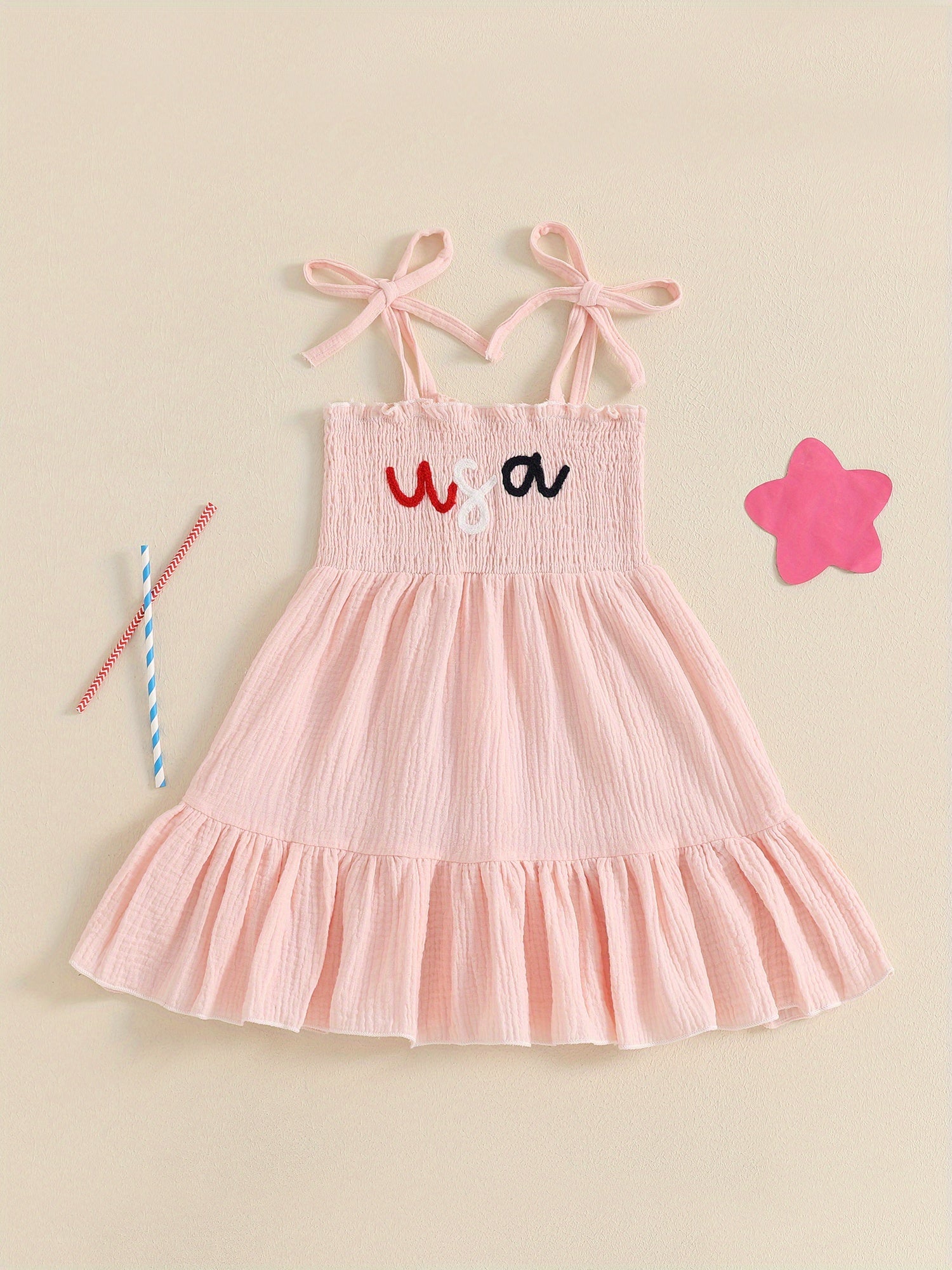Girls Smocked A-Line Dress - Tie Shoulder Letter Embroidery