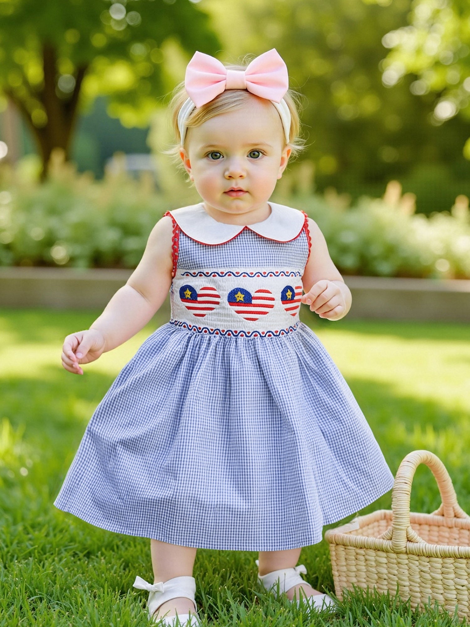 Girls Patriotic Dress - Red Plaid Heart Embroidery 57c 
Girls