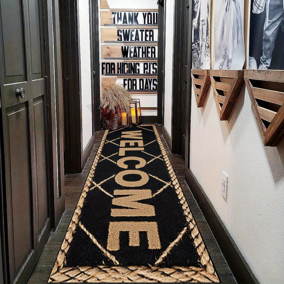 Modern Welcome Mat - Elegant Gold Lettering Black Polyester Entry Mat