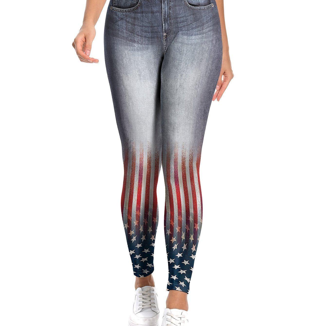 Women's Patriotic Flag 3D Print High-Waist Denim-Look Leggings