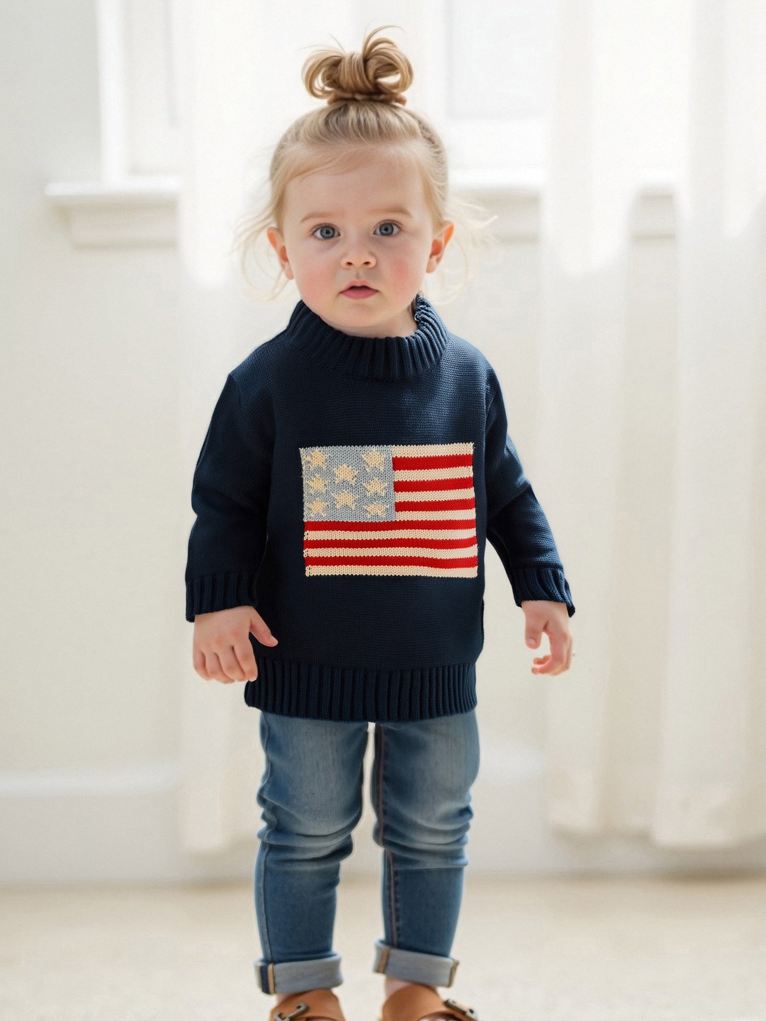 Kids USA Flag Pattern Long Sleeve Knit Pullover Sweater - Unisex