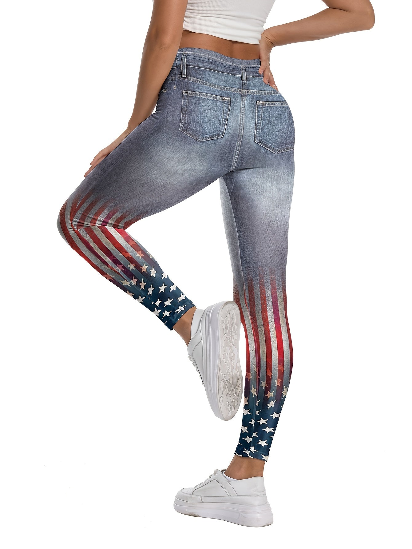 Women's Patriotic Flag 3D Print High-Waist Denim-Look Leggings