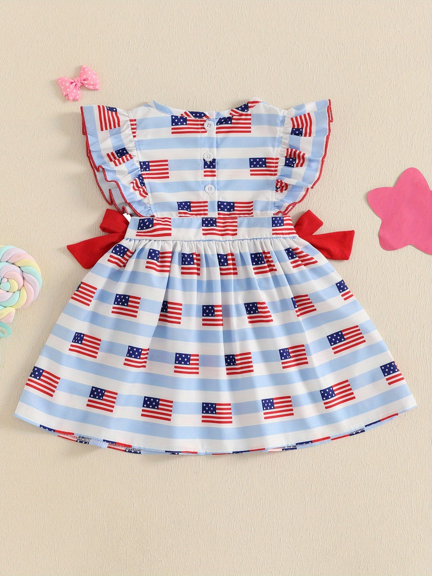Baby Girl American Flag Stripe Bow Flying Sleeve Flared Dress